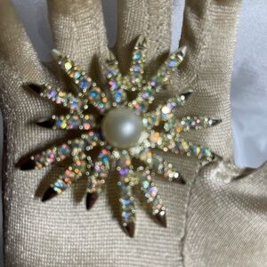 Vintage Emmons Silvertone Starburst Aurora Borealis Rhinestone Faux Pearl Brooch
